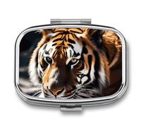 Wild Animal Tiger Pill Organizer Container for Travel, Metal 2 Compartment Square Pill Case, Portable Mini Medicine Box Pill Storage Case for Purse Pocket, Supplement Storage