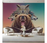 Wild Animals Canvas Peel and Stick Wallpaper Mural Bear Wolf Owl Pattern Large Removable Self-Adhesive Feature Accent Wall Coverings for Bedroom 350x256 cm