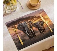 Wild Animals Cotton and Linen Place Mats for Table 8 Orange Sunset On The Elephant Grassland Printed Placemats Large Cotton Linen Non-Slip Tablemats for Party Kitchen Restaurant (45x30CM)