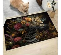 Wild Animals Indoor Doormat, Leopard Wildflower Non-Slip Absorbent Machine Washable Resist Dirt Entrance Area Rug, Dark Brown for Inside Entrance Front Back Door Garden, 90 x 150 cm