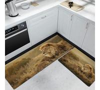 Wild Animals Kitchen Rug, 45x75+45x150cm Kitchens Mats Set of 2, Non-Slip Kitchen Runner, Anti Fatigue Washable Kitchens Floor Mats, Rug with Lion Grassland, Brown