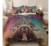 Wild Animals Reversible Super King Duvet Cover Set, Bear Wolf Owl Pattern Bedding Set Soft Microfiber Nature Theme Duvet Cover（260x220cm） with Zipper Closurewith 2 Pillowcase 50x75cm