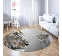 Wild Animals Theme Large Washable Round Rug 110cm Lion Mother and Cub Pattern Non Slip Thin Circle Carpet for Study Room Dining Room Balcony