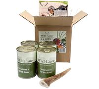 Wild Antler Wet Food Pack - 4 x 400g Tins Venison & Wild Boar+ Medium Antler Chew | Grain-Free, Natural High Protein Dog Food | Balanced Nutrition & Long-Lasting Dental Support