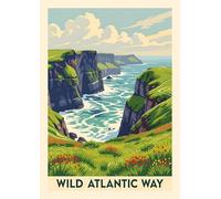 Wild Atlantic Way Ireland Coastal Landscape Art Print, Vintage Travel Poster Style, Cliffs and Ocean Scene. Size A4