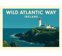 Wild Atlantic Way Ireland Vintage Travel Poster, Lighthouse Coastal Art Print Horizontal. Size A4