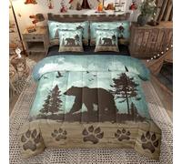 Wild Bear Comforter Set 7 Piece Bed in a Bag Twin,Rustic Pine Trees Bedding Sets Woodland Animals Comforter and Sheet Set,Retro Brown Lodge Cabin Wildlife Bear Paw Farmhouse Decor