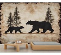 Wild Bear Mural Black Bear Silhouette Murals Forest Animals Wallpaper Retro Country Style Silhouette Mural Wildlife Themed Murals for Living Room Bedroom Bathroom 100 x 70 cm