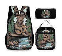 Wild Bear Playing Guitar Casual 3pcs Backpack Sets