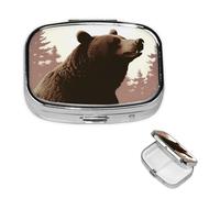 Wild Bear Square Metal Pill Box 2 Compartment Cute Travel Pill Organizer Case Portable Medicine Vitamin Organizer Pill Case for Women Men Travel Unique Gift
