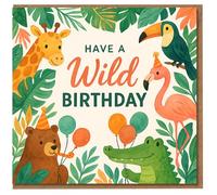 Wild Birthday Card with Jungle Animals - Cute Giraffe, Toucan, Flamingo, Bear and Crocodile Design - Fun Party Balloons - For Kids and Animal Lovers