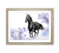 Wild Black Horse In Abstract Modern Art Framed Print | A4 Oak Framed Wall Art | Ready to Hang | Abstract Animal Picture | Living Room Bedroom Lounge Office