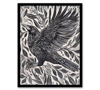 Wild Black Raven in Flight Painting Magic Gothic Framed Art Print Artery8 Black W12 inch x H16 inch
