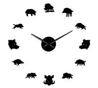 Wild Boar Figures Wall Art Mirror Stickers DIY Giant Wall Clock Wild Pig Large Hanging Clock Wall Watch Hunter Gifts(Black,47inch)