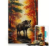 Wild Boar in Autumn Forest Painting Jigsaw Puzzles1000 Pieces Cognitive Boost Fun Burr Free Clean Cut Pieces Holiday Indoor Entertainment Toy (38x26cm)