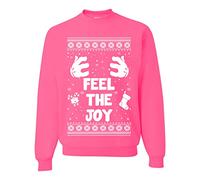 Wild Bobby Feel The Joy Ugly Christmas Sweater Unisex Crewneck Graphic Sweatshirt, Neon Pink, XL