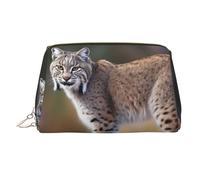 Wild bobcat Makeup Bag for Women Cosmetic Bags Leather Travel Makeup Case Organizer Waterproof Make up Pouch Open Flat Toiletry Bag Portable Storage Pouch for Travelling, Gold, One Size