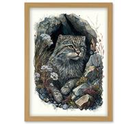 Wild Cat in Rock Cavity with Wildflowers Detailed Watercolour Illustration Artwork Framed Wall Art Print A4 Artery8 Light Oak One Size