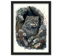 Wild Cat in Rock Cavity with Wildflowers Detailed Watercolour Illustration Artwork Framed Wall Art Print A4 Artery8 Black One Size
