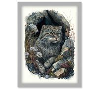 Wild Cat in Rock Cavity with Wildflowers Detailed Watercolour Illustration Artwork Framed Wall Art Print A4 Artery8 Light Grey One Size