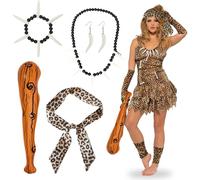 Wild Caveman Costumes for Women, 6Pcs Cavewoman Fancy Dress with Inflatable Club Ivory Necklace Bracelet Earrings Leopard Headband Mace Cave Accessories for School Stone Age Day Book Week Halloween