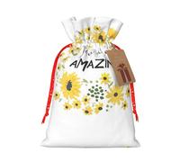 Wild Daisy Flower Print Holiday Burlap Gift Bag With Drawstring, Small Party Favor Pouches For Christmas Gifting-S Size