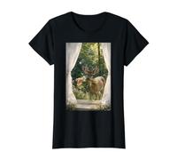 Wild Deer at the Window Value Graphic T-Shirt, Women, Black, M