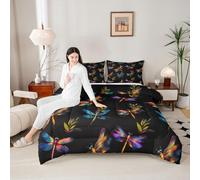 Wild Dragonfly 3 Pcs King Size Comforter Set,Rustic Flower Leaves Plant Animals Down Alternative Adults Bedroom Decor,Purple Blue Gradient Oil Paint Design Ultra Soft Inner Fill 3Pcs Bedding
