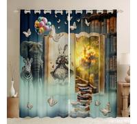 Wild Elephant Kids Window Curtains,Rabbit Zebra Jungle Animal Trippy World Window Drapes for Girls Boys,Bookshelf Butterfly Vintage Dreamy Window Treatments Grommet Top 2 Panel Set,52Wx84L inch