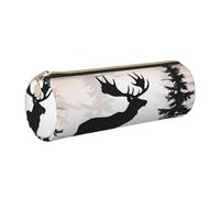 Wild Elk Black Silhouette Printed Cylindrical Leather Pencil Case for Girls Boys, Gold Zipper Pencil Bag Pen Pouch Organizer for Student School Office College
