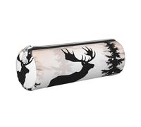 Wild Elk Black Silhouette Printed Cylindrical Leather Pencil Case for Girls Boys, Silver Zipper Pencil Bag Pen Pouch Organizer for Student School Office College