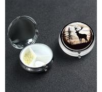 Wild Elk Silhouette Pill Box 3 Compartment Pill Case for Purse or Pocket Small Medicine Organizer with Mirror Travel Pillbox Decorative Metal Vitamin Container Unique Gift