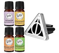 Wild Essentials Potter Hallows Aromatherapy Car Vent Diffuser Gift Set, Stainless Steel Pendant, Clip, 8 Refill Pads, 4 Made in USA Pure Essential Oils (Lavender, Peppermint, Calm, Zen) Air Freshener