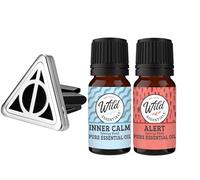 Wild Essentials Potter Hallows Essential Oil Car Vent Diffuser Kit - 316L Stainless Steel Locket, Rubber-Coated 4-Way Clip, 8 Color Pads (22mm), 25mm - Includes Alert & Inner Calm (2 x 10ml)