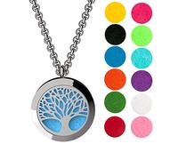 Wild Essentials Tree of Life Essential Oil Diffuser Necklace, Stainless Steel Locket Pendant with 24 inch Chain, 12 Color Refill Pads, Customizable Color Changing Perfume Jewelry for Aromatherapy