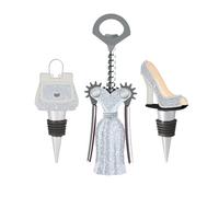WILD EYE DESIGNS FASHION WINE SET 3PCS. WINGED CORKSCREW, HIGH HEEL WINE STOPPER, PURSE WINE STOPPER. FASHION WINE GIFT SET. WHITE AND SILVER, GLITTER