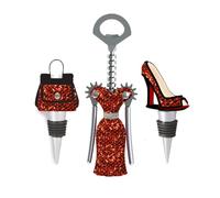 WILD EYE DESIGNS FASHION WINE SET 3PCS. WINGED CORKSCREW, HIGH HEEL WINE STOPPER, PURSE WINE STOPPER. FASHION WINE GIFT SET. RED AND GOLD…