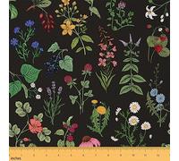 Wild Floral Fabric by The Yard,Colorful Botanical Flowers Leaves Decorative Fabric for Chairs Sofas,Retro Jungle Wild Plants Indoor Outdoor Fabric,Garden Decor Black Print DIY Crafts,1 Yard