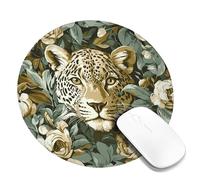 Wild Floral Leopard Desk Mouse Pad, Green Beige Botanical Design Stitched Edge Mousepad, Rubber Non-Slip Washable Gaming Mouse Pad for Home and Office Computer, Laptop Round