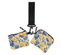 Wild Floral Yellow Blue Dual Coin Purse Credit Card Holder Wallet Small Portable Zipper Coin Purse Wallet with Keychain for Women 2 Pcs, wild floral yellow blue, One Size, Casual