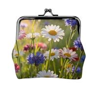 Wild Flower Meadow Leather Coin Purse for Women-Small Kiss Lock Wallet, Mini Card Holder for Keys Lipstick, Cute Change Purse for Travel
