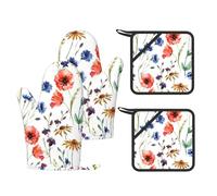Wild Flower Poppy Chrysanthemum Daisies,Oven Mitts and Pot Holders Set of 4, Kitchen Anti-Slip Cooking Gloves Heat Resistant Oven Gloves