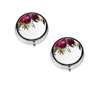 Wild Flower Rose Print Pill Box, Round Pill Organizer, 3 Compartment Small Pill Case for Purse & Pocket, Portable Medicine Box, Travel Pill Case