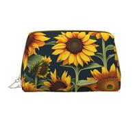 Wild Flower Sunflower Leather Hand-Held Zipper Makeup Bag Cute Make Up Case Large Wide-Open Pouch Pen Case