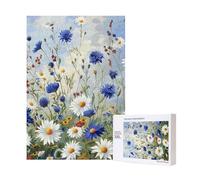 Wild Flowers and Cornflowers Daisies art Printed Jigsaw Puzzle with Storage Box, Wooden Puzzle for Adults and Kids, 300 Pieces Family Fun Decorative Game