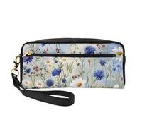 Wild Flowers and Cornflowers Daisies Art Printed Leather Makeup Bags with Wrist Strap Portable Travel Toiletry Bag Cosmetic Organizer Bag for Women