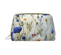 Wild Flowers and Cornflowers Daisies Art Printed Small Makeup Bag Portable Leather Make up Bag Travel Zipper Cosmetic Bags Organizer for Women