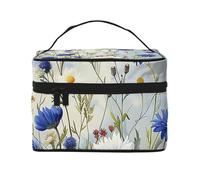 Wild Flowers and Cornflowers Daisies Art Printed Travel Makeup Bag Spacious Portable Cosmetic Organiser with Handle, Large Capacity Toiletry Bag, Gift for Women Girls