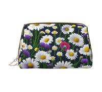 Wild Flowers and Cornflowers Daisies Leather Hand-Held Zipper Makeup Bag Storage Bag Portable Lipstick Pouch Toiletry Bag