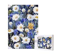 Wild Flowers and Cornflowers Daisies Printed Jigsaw Puzzle with Storage Box, Wooden Puzzle for Adults and Kids, 300 Pieces Family Fun Decorative Game